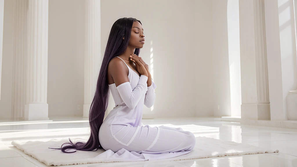 A Black woman with long, voluminous, LILAC hair, in a meditation position with her eyes closed and her hands in a prayer position. She is wearing a light lilac dress. The image should be a full-body shot in a meditation position, very realistic, in an all-white temple with a white floor, white stone walls, white ceiling, and white columns.