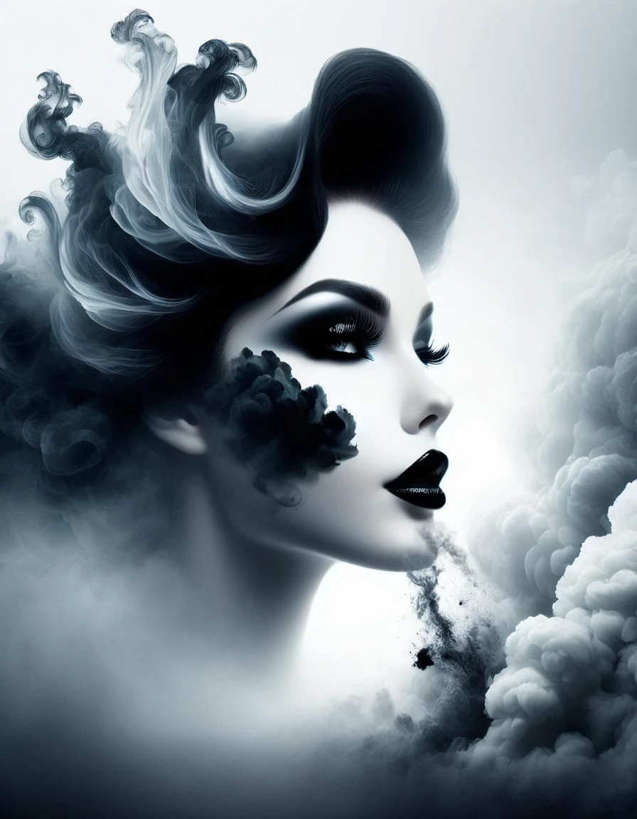 gothic art，dream，（There is only one stunning close-up of her face），Gothic makeup，black and white smoke floating around，simple white background，A lot of white space