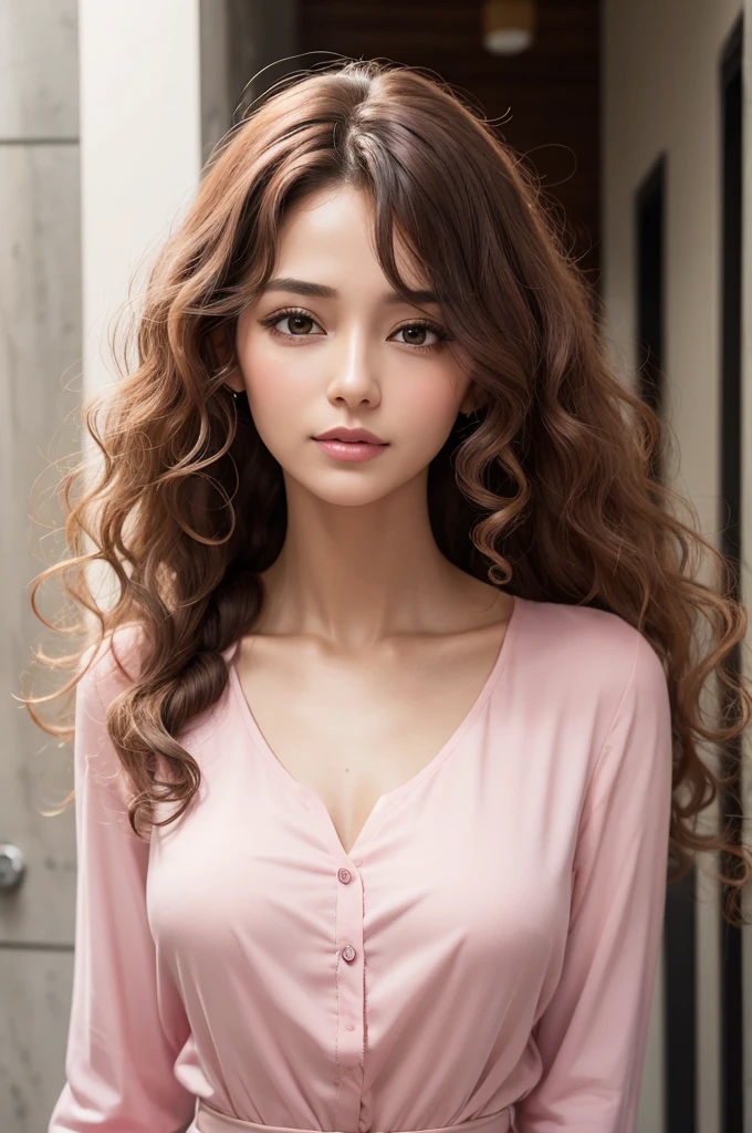Create a thin woman with hair that is curly at the ends and straight on top, with a straight nose, a pink blouse with a half-turned face