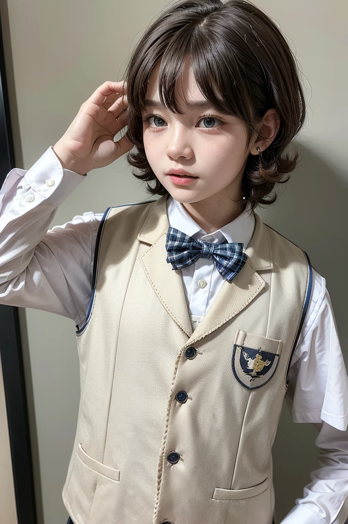 (1jk:1.2),(jk school uniform:1.5),(white collared shirt:1.2),(vest:1.3),school suit(Plaid)