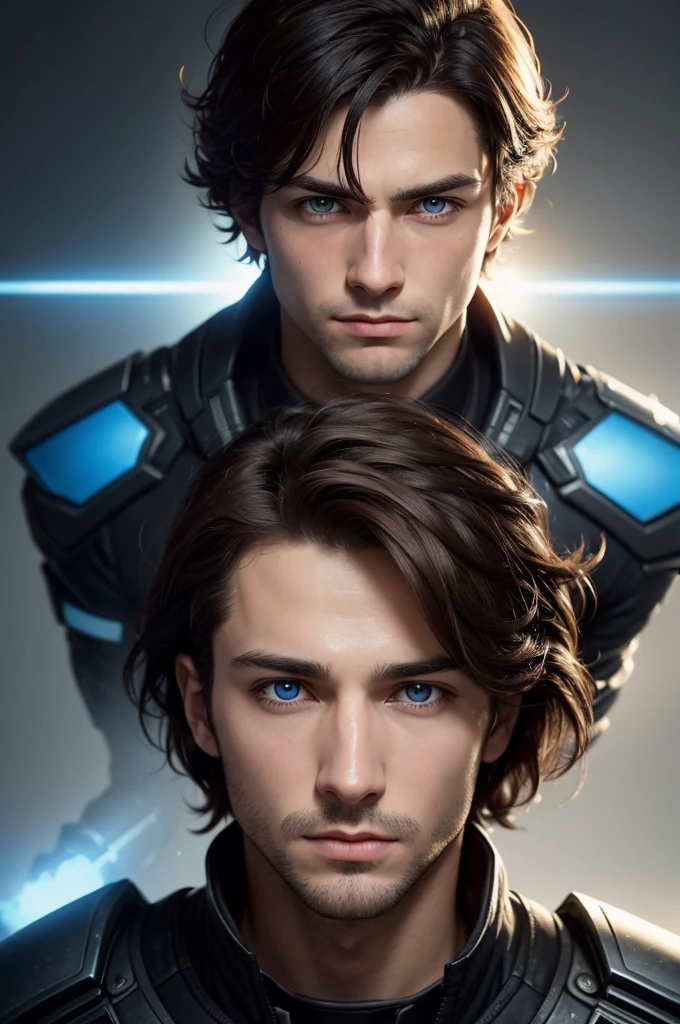 Joshua Neuman, the protagonist, is vividly represented in the image. He is a man with dark brown hair, slightly wavy, that fall disheveled on the shoulders. His intense blue eyes are fixed on a point beyond the virtual horizon, conveying a mix of determination and bewilderment. His facial expression is one of surprise and revelation, mixed with a touch of renewed hope.