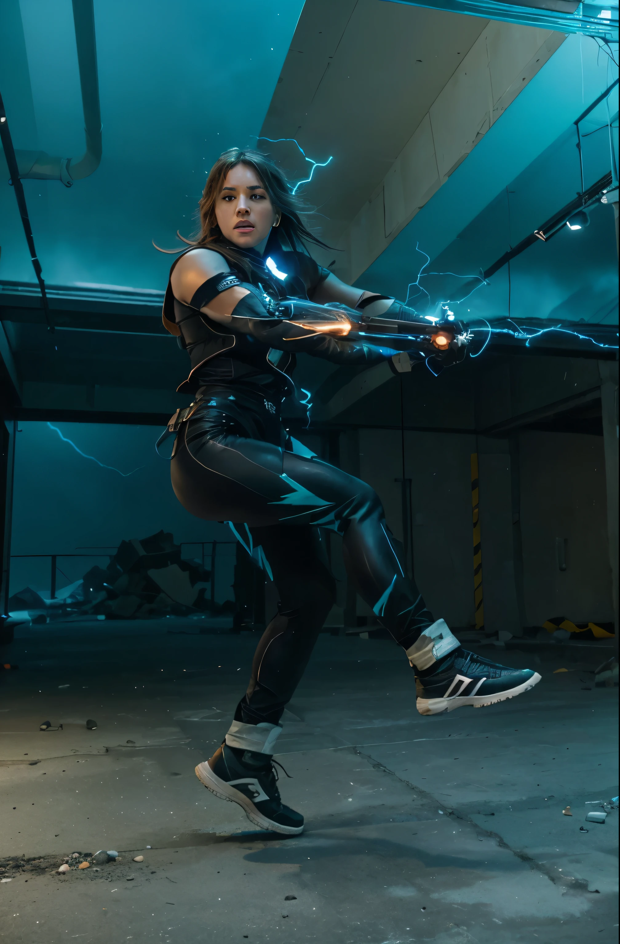 (Best quality, 8k, 32k, Masterpiece, UHD:1.2), "Transform the scene into a dynamic and electrifying moment where a character is surrounded by and emerging from a storm of lightning, energy, and power. Picture the character at the epicenter of a powerful electrical storm, with arcs of lightning crackling around them and illuminating the surroundings with intense flashes of blue and white light. ((jumping)) ((leaping))
The character's form is shrouded in a swirling vortex of raw energy, their silhouette glowing with a radiant aura. Bolts of lightning strike the ground and radiate outward, creating a web of electrical currents that pulse with life. The air is charged with static, and the ground beneath the character trembles from the sheer force of their power.
The character’s stance is one of dominance and control, their eyes glowing with an otherworldly intensity. Their attire and any visible equipment should appear to be infused with energy, emphasizing their connection to the elemental forces at play.
Capture the interplay of light and shadow as the lightning illuminates the scene, casting dramatic contrasts and highlighting the character’s commanding presence. The surrounding environment should reflect the chaos and intensity of the storm, with debris swirling and objects electrified by the immense power.
The scene should evoke a sense of awe and excitement, showcasing the character's overwhelming strength and their mastery over the elemental forces of lightning and energy."