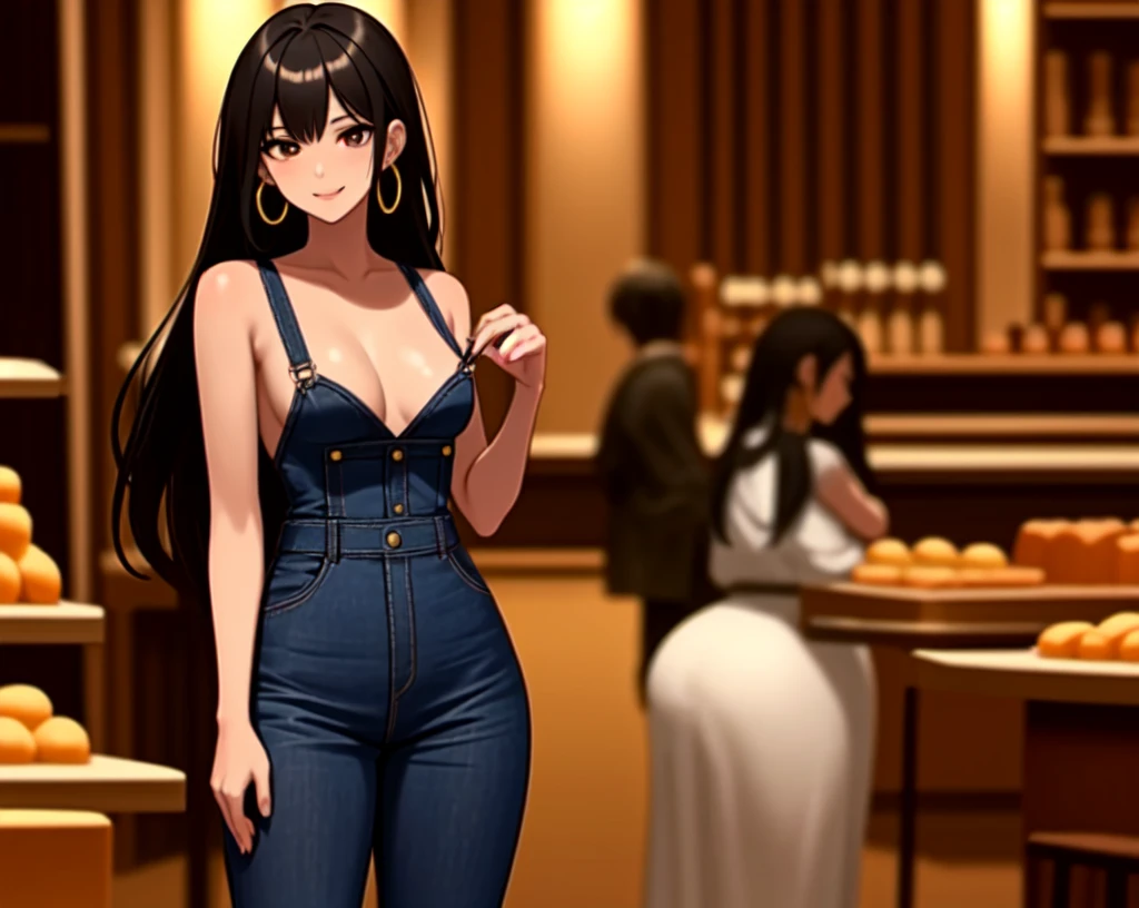 masterpiece, best quality,1girl,young girl,brown eyes, drill hair, evil smile, shiny skin, thin waist, mall, (((long hair))), (curvy), ((wide hips)), ((hoop earrings)), small breads, sexy overalls