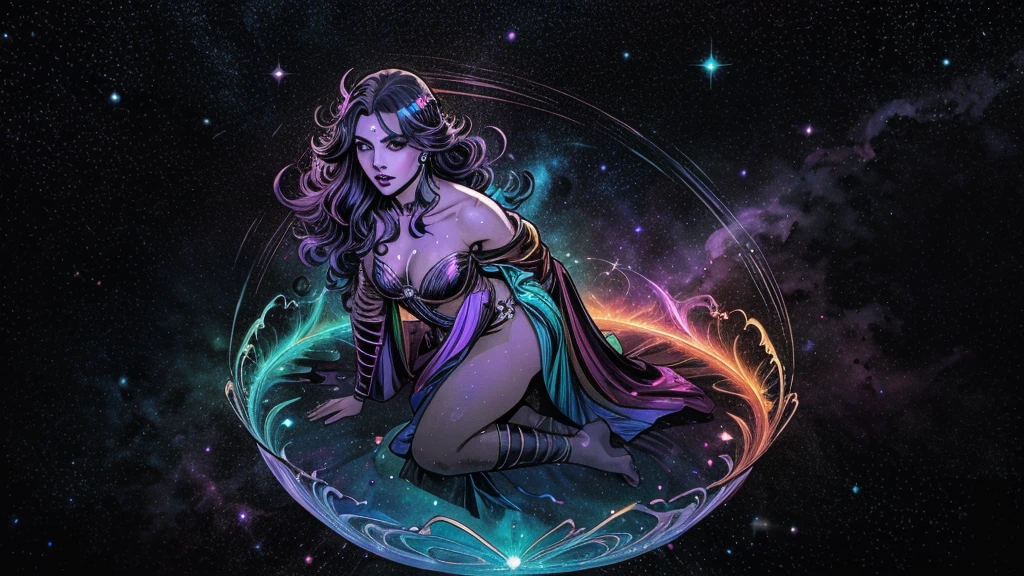 In a kaleidoscopic realm of swirling iridescent stardust and blazing neon nebulae, the celestial enchantress Grace holds rapturous dominion. Her incandescent form outshines the brilliance of quasars.
Grace's divine visage is haloed by ethereal obsidian tresses cascading down her curvaceous silhouette. Her smoldering indigo eyes penetrate any who behold their kaleidoscopic depths.
The enchantress's prismatic garments radiate the full spectrum across her sensuous curves. Diaphanous crimson, ultraviolet, and violet robes spiral in a chromatic vortex. Stardust swirls crown her as the mistress of beguiling chromatic allure.
Her chromatic domain births new realms of dazzling color - fuchsia nebulae amid emerald stellar nurseries shower azure stars. Colliding amber and turquoise galaxies birth ultraviolet and indigo splendor.
Though her chromatic temptation could overwhelm mortals, Grace's power lies in nurturing radiance. Weaving prismatic strands, she infuses newborn celestial bodies with infinite potential. Obsidian lips seem to breathe the secrets of rainbows.
In this blinding, coruscating realm, the smoldering yet fully-clothed celestial enchantress Grace reigns supreme. Her irresistible kaleidoscopic allure fuels perpetual dazzling creation and rebirth throughout the cosmos.