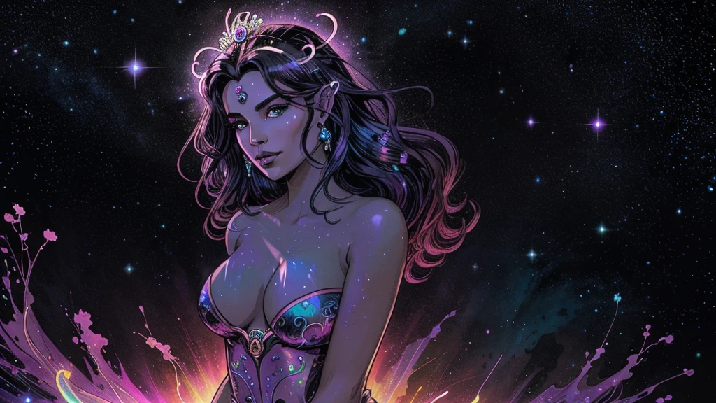 In a kaleidoscopic realm of swirling iridescent stardust and blazing neon nebulae, the celestial enchantress Grace holds rapturous dominion. Her incandescent form outshines the brilliance of quasars.
Grace's divine visage is haloed by ethereal obsidian tresses cascading down her curvaceous silhouette. Her smoldering indigo eyes penetrate any who behold their kaleidoscopic depths.
The enchantress's prismatic garments radiate the full spectrum across her sensuous curves. Diaphanous crimson, ultraviolet, and violet robes spiral in a chromatic vortex. Stardust swirls crown her as the  of beguiling chromatic allure.
Her chromatic domain births new realms of dazzling color - fuchsia nebulae amid emerald stellar nurseries shower azure stars. Colliding amber and turquoise galaxies birth ultraviolet and indigo splendor.
Though her chromatic temptation could overwhelm mortals, Grace's power lies in nurturing radiance. Weaving prismatic strands, she infuses newborn celestial bodies with infinite potential. Obsidian lips seem to breathe the secrets of rainbows.
In this blinding, coruscating realm, the smoldering yet fully-clothed celestial enchantress Grace reigns supreme. Her irresistible kaleidoscopic allure fuels perpetual dazzling creation and rebirth throughout the cosmos.