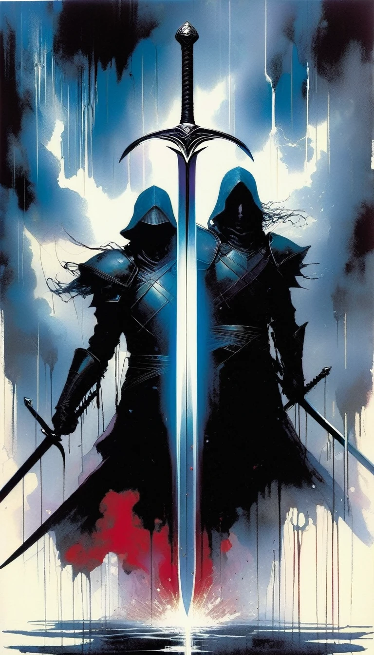 Under a great storm three swords stuck through a heart (art inspired by Bill Sienkiewicz)