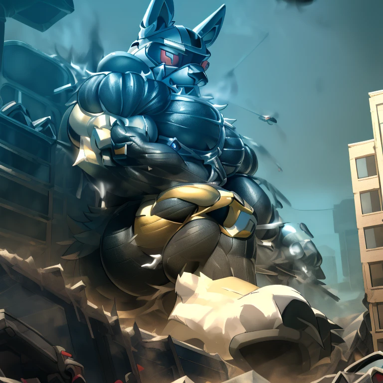 (masterpiece. official art. 8k. best quality. detailed full body. full body.)
(situation 1 : dominating LUCARIO. gigantic titan is destroying a city.)

(Additional details 1: wearing a full-face helmet. helmet is jet black. The color of NANOSUIT is jet black. high-tech bio-mecha armor. real texture material. whole body shines like metal. Wearing cyberpunk mecha. emphasizes the muscles. suit fully made of metal. intricate armor. Robotic suit. suit fully made of metal. NANOSUIT with the same design as LUCARIO.). (Lucario has 5 toes.)  (massive butt muscles:1.3)

(Additional details 2: (Detailed head. Detailed Body. Detailed abs. gigantic muscles. HYPER MUSCLES. Gigachad Muscular. big muscle. pecs. triceps. traps. unusually developed muscular body. body full of huge muscles. showing off muscles. pectorales enormes. Exaggeratedly huge muscles. huge muscles. long legs.).

(Additional details 3: nj5furry, Spread wings. It has wings. black have big wings. The claws are sharp. Sharp teeth.5 toes.).  (Additional details 4: black color hyper penis. hyper black penis. big penis) (Additional details 5 : Spraying hyper cum up everywhere into the sky from his erect penis. wide spray of cum, covered in cum, cum splashing in front of camera, bukkake, earth is under a thick later of cum.) He is laughing defiantly. The penis is integrated into the armor.