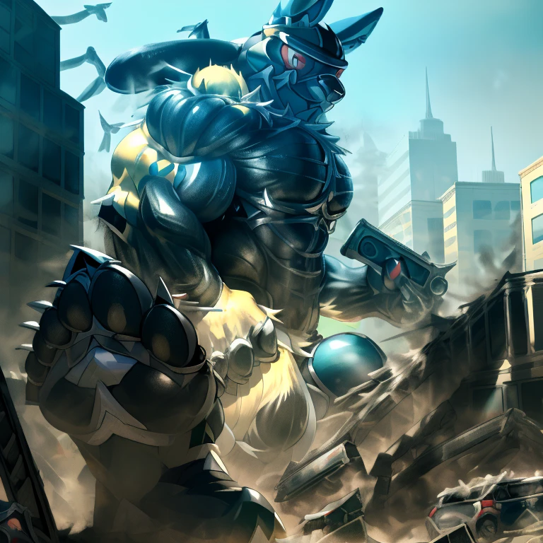 (masterpiece. official art. 8k. best quality. detailed full body. full body.)
(situation 1 : dominating LUCARIO. gigantic titan is destroying a city.)

(Additional details 1: wearing a full-face helmet. helmet is jet black. The color of NANOSUIT is jet black. high-tech bio-mecha armor. real texture material. whole body shines like metal. Wearing cyberpunk mecha. emphasizes the muscles. suit fully made of metal. intricate armor. Robotic suit. suit fully made of metal. NANOSUIT with the same design as LUCARIO.). (Lucario has 5 toes.)  (massive butt muscles:1.3)

(Additional details 2: (Detailed head. Detailed Body. Detailed abs. gigantic muscles. HYPER MUSCLES. Gigachad Muscular. big muscle. pecs. triceps. traps. unusually developed muscular body. body full of huge muscles. showing off muscles. pectorales enormes. Exaggeratedly huge muscles. huge muscles. long legs.).

(Additional details 3: nj5furry, Spread wings. It has wings. black have big wings. The claws are sharp. Sharp teeth.5 toes.).  (Additional details 4: black color hyper penis. hyper black penis. big penis) (Additional details 5 : Spraying hyper cum up everywhere into the sky from his erect penis. wide spray of cum, covered in cum, cum splashing in front of camera, bukkake, earth is under a thick later of cum.) He is laughing defiantly. The penis is integrated into the armor.