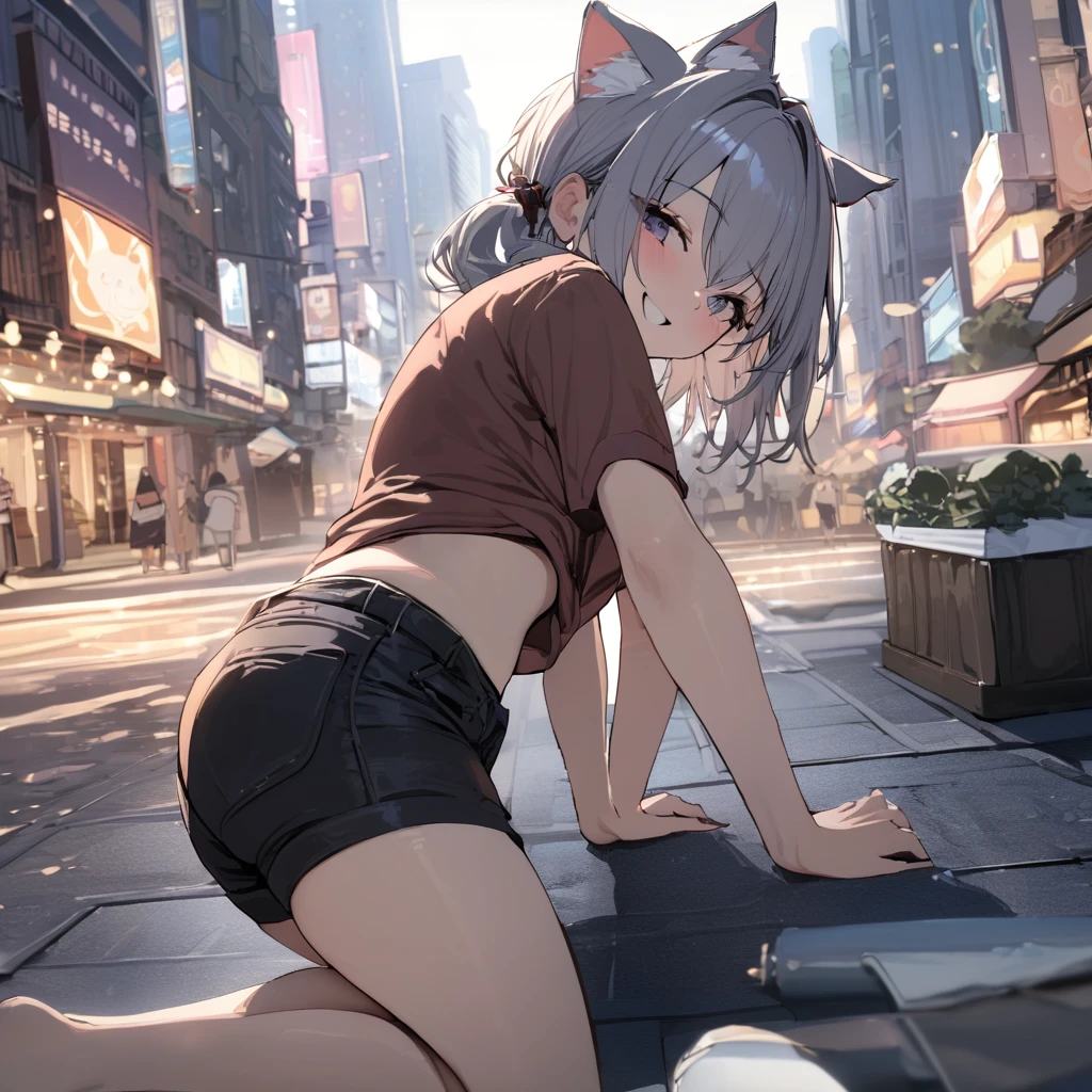 masterpiece, best quality, absurdres, two heads, conjoined, 1girl, cat ears, shirt, shorts, city background, smile