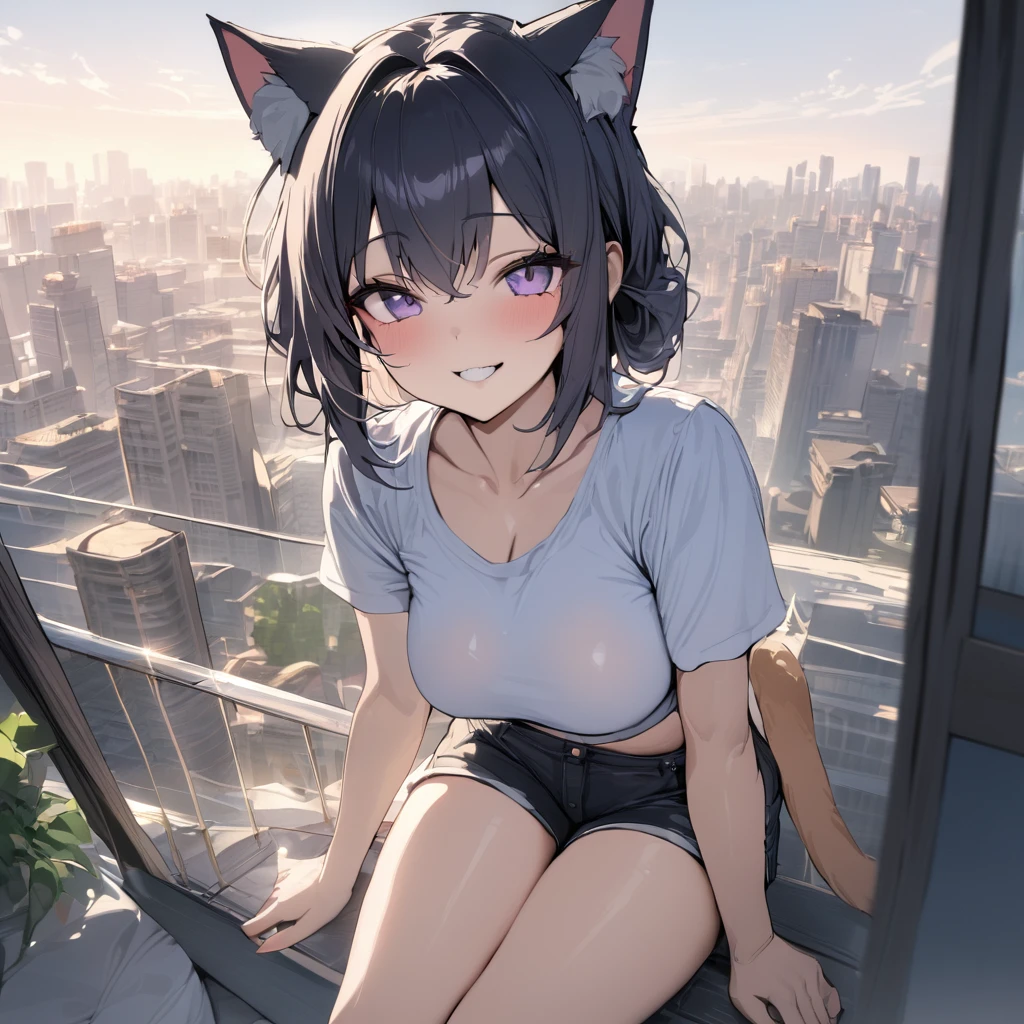 masterpiece, best quality, absurdres, two heads, conjoined, 1girl, cat ears, shirt, shorts, city background, smile