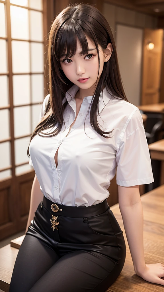 Best quality, masterpiece, ultra-high resolution, 8K, (reality: 1.4), RAW shooting, most detailed face, very detailed and perfect , live photography; most beautiful face; shining skin; one 18-year-old Japanese.My bangs and eyes are big and cute.It has brown eyes, gentle eyes, long brown hair, a young face, and a large chest.E-cup. Look at the audience.angelic smile.white glossy short-sleeved shirt, black vest, black tight skirt, pant, black pin heels, office.