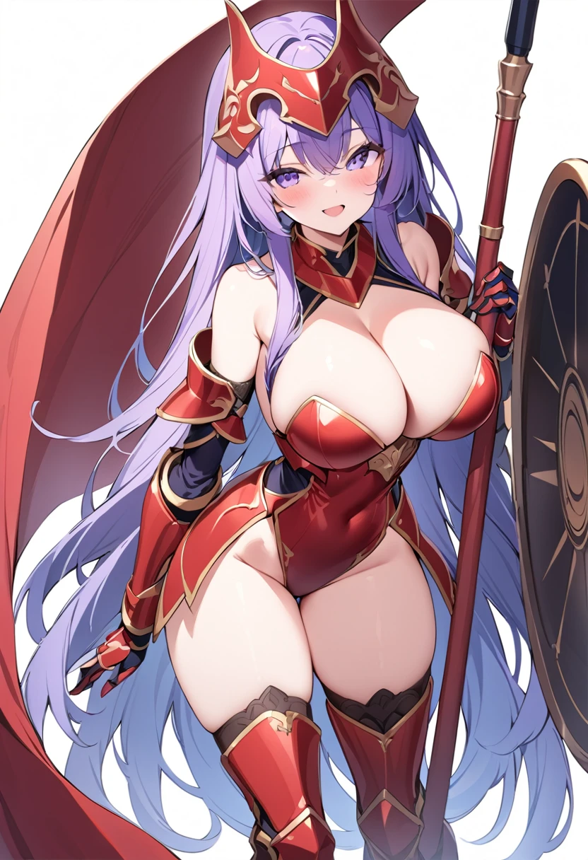 (masterpiece:1.2), (highest quality:1.2), 1girl, solo, purple-hair, long-hair, shield, , weapon, armor, cleavage, large-breasts, polearm, helmet, open-mouth, smile, boots, purple-eyes, gauntlets, very-long-hair, thighhighs, blue-eyes, full-body, red-armor, looking-at-viewer, blush, thigh-boots, simple-background, armored-boots,
