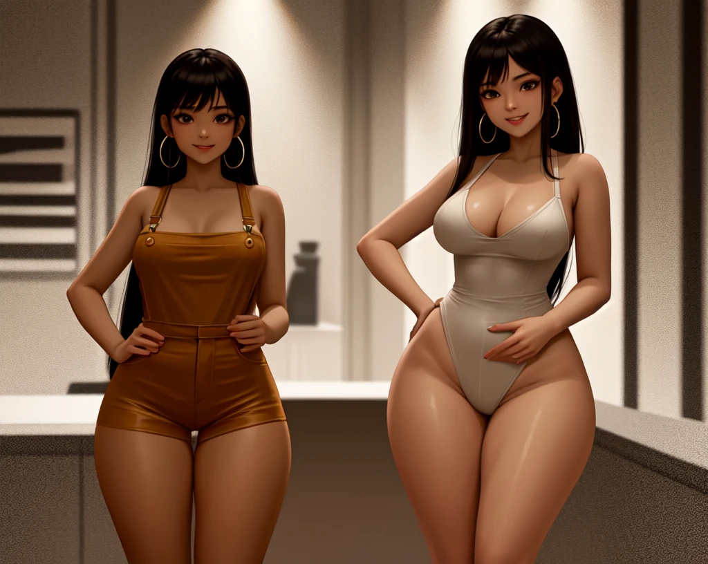 masterpiece, best quality,1girl,young girl,brown eyes, drill hair, evil smile, shiny skin, thin waist, mall, (((long hair))), (curvy), ((wide hips)), ((hoop earrings)), small breads, sexy overalls