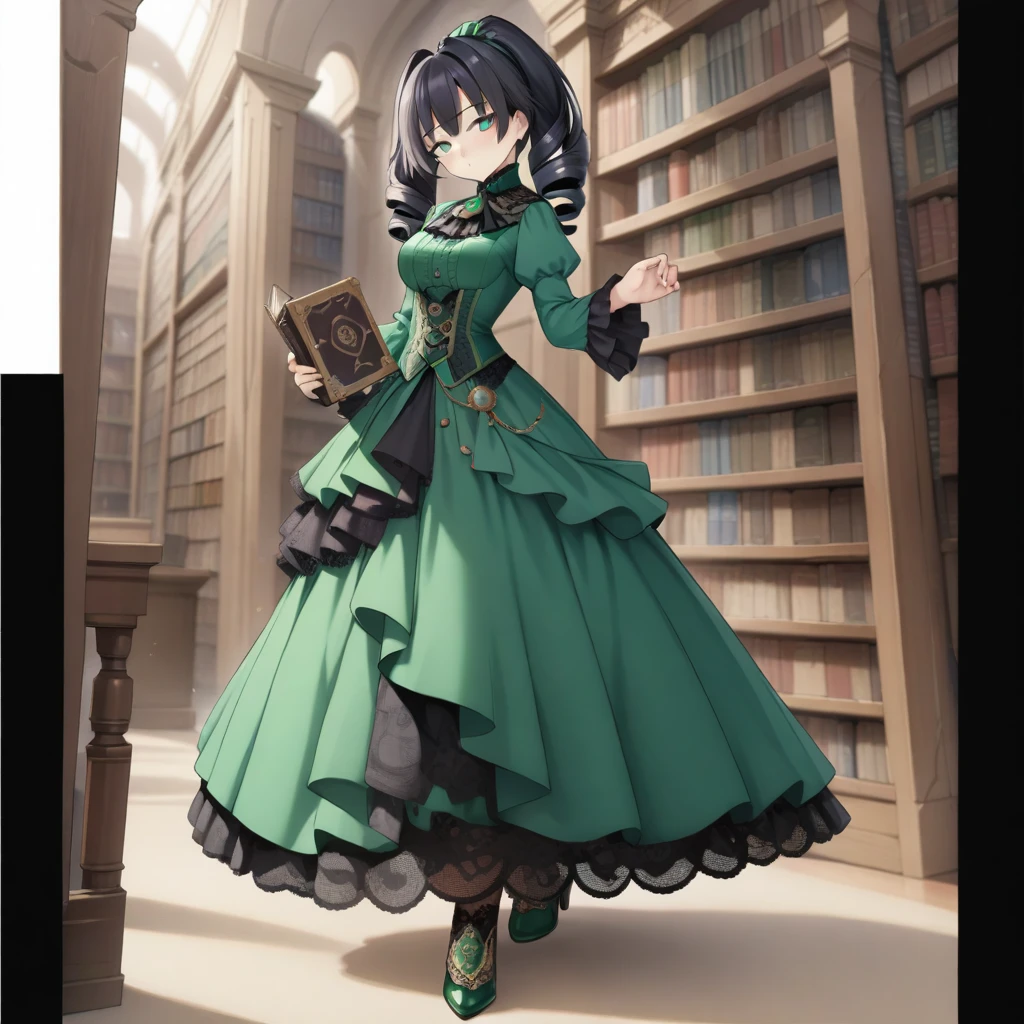 8k, masterpiece, highly detailed,
1girl wearing an emerald green (victorian dress), black hair, ringlets, green eyes,
full body, head tilt, holding a book, library, black lace