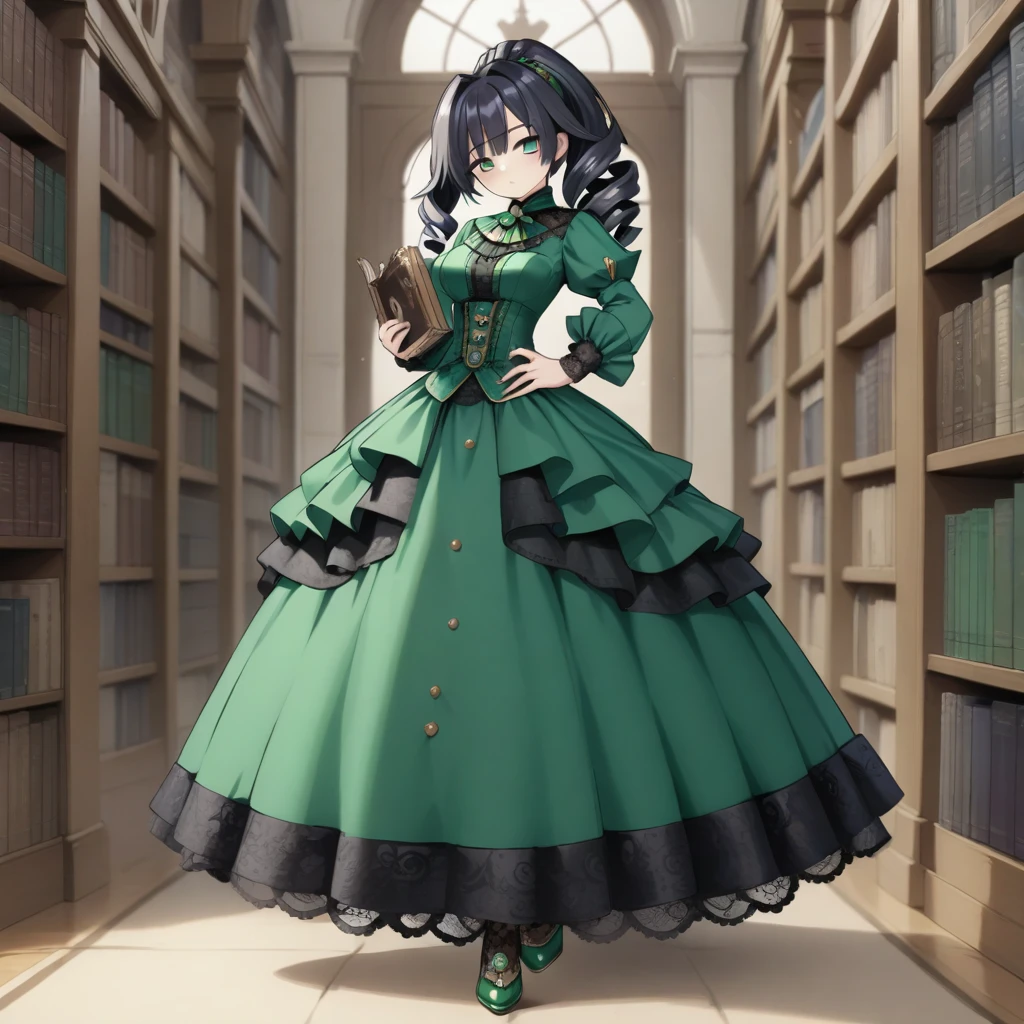 8k, masterpiece, highly detailed,
1girl wearing an emerald green (victorian dress), black hair, ringlets, green eyes,
full body, head tilt, holding a book, library, black lace