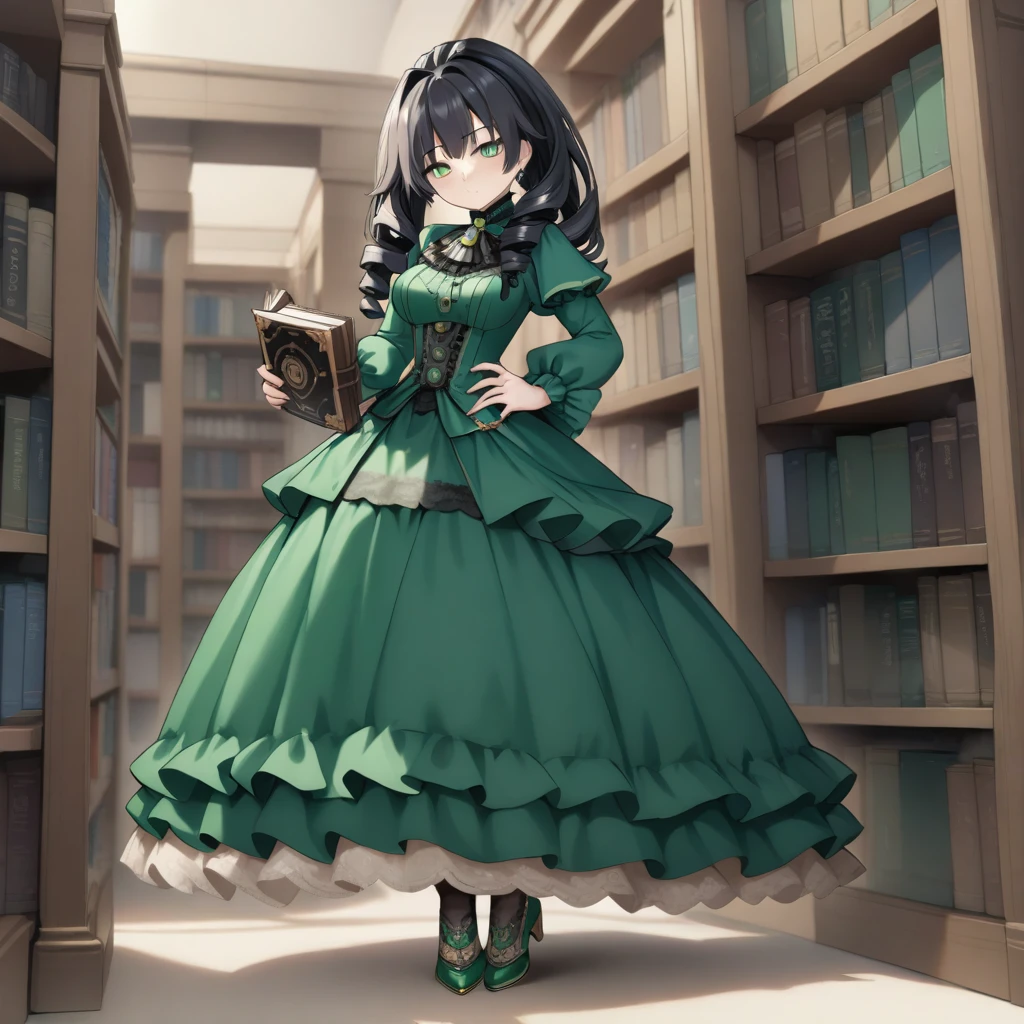 8k, masterpiece, highly detailed,
1girl wearing an emerald green (victorian dress), black hair, ringlets, green eyes,
full body, head tilt, holding a book, library, black lace