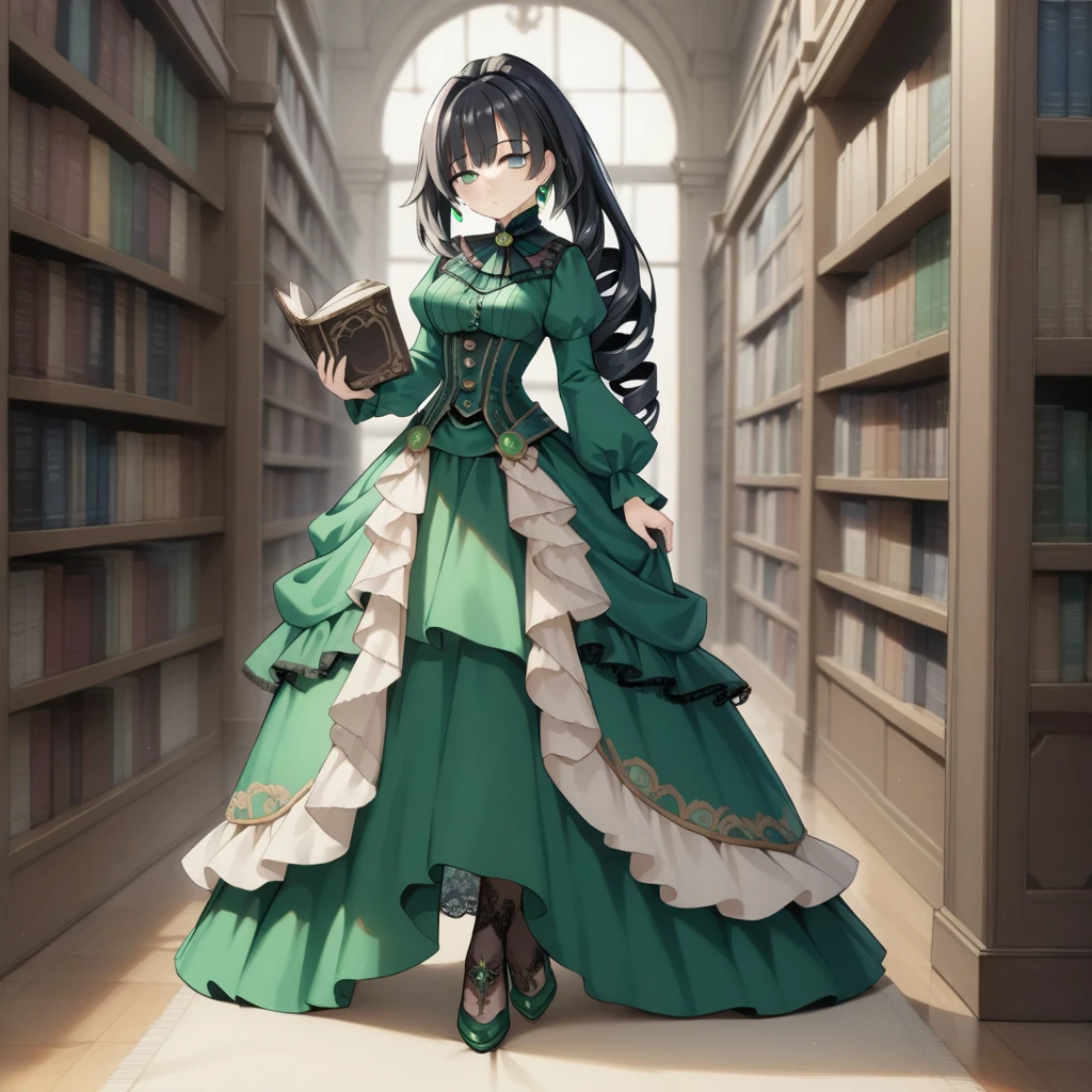 8k, masterpiece, highly detailed,
1girl wearing an emerald green (victorian dress), black hair, ringlets, green eyes,
full body, head tilt, holding a book, library, black lace