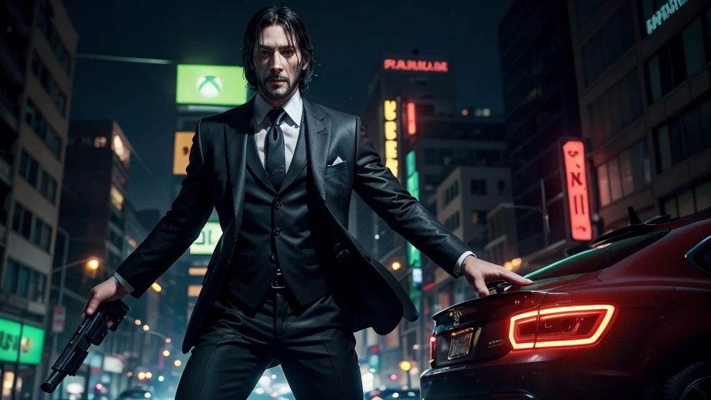 Generate a high-resolution thumbnail for a shooter game featuring an anthropomorphic frog with John Wick's style. Follow these guidelines:
1. **Protagonist:**
- Create a frog with human-like features in an intense action pose.
- The frog should be wearing a sleek black suit similar to John Wick's attire, complete with a tie or bowtie.
- The frog should be holding two handguns, one in each hand, and appear ready for combat.
2. **Background:**
- Set the scene in a dark, dramatic environment like a neon-lit alley or a cityscape at night.
- Include effects like light reflections, smoke, and a sense of depth.
3. **Visual Effects:**
- Add elements like gunfire, sparks, and light effects around the weapons to enhance action.
- Highlight the frog with bright colors such as red and neon blue, especially in the eyes and weapons.
4. **Text:**
- Include the phrase “THE NEW JOHN WICK OF GAMES!” at the top in large, bold text.
- Place “Frog + Guns = Pure Action!” below the main phrase in a smaller font.
- Use colors that stand out against the dark background, like white or yellow with black outlines.
5. **Logos and Icons:**
- Place the game’s logo in the lower right or left corner.
- Include small icons of gaming platforms (PC, PlayStation, Xbox) in the opposite lower corner.
6. **Style:**
- Combine realistic and cartoonish elements to make the frog look both cool and engaging.
- Experiment with dynamic camera angles, such as a slightly low-to-high view, to emphasize action.
7. **Image Format:**
- Ensure the image is high-resolution (1280x720 pixels or 1920x1080 pixels).
- Keep the frog as the central focus, with a balanced composition.
**Key Elements to Emphasize:**
- Action pose of the frog
- Stylish black suit and guns
- Dramatic, neon-lit background
- Dynamic visual effects
- Clear and bold text highlighting the game's action-packed theme