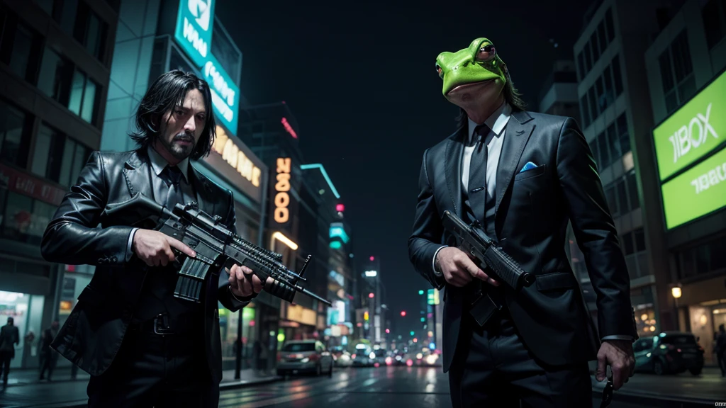 Generate a high-resolution thumbnail for a shooter game featuring an anthropomorphic frog with John Wick's style. Follow these guidelines:

1. **Protagonist:**
   - Create a frog with human-like features in an intense action pose.
   - The frog should be wearing a sleek black suit similar to John Wick's attire, complete with a tie or bowtie.
   - The frog should be holding two handguns, one in each hand, and appear ready for combat.

2. **Background:**
   - Set the scene in a dark, dramatic environment like a neon-lit alley or a cityscape at night.
   - Include effects like light reflections, smoke, and a sense of depth.

3. **Visual Effects:**
   - Add elements like gunfire, sparks, and light effects around the weapons to enhance action.
   - Highlight the frog with bright colors such as red and neon blue, especially in the eyes and weapons.

4. **Text:**
   - Include the phrase “THE NEW JOHN WICK OF GAMES!” at the top in large, bold text.
   - Place “Frog + Guns = Pure Action!” below the main phrase in a smaller font.
   - Use colors that stand out against the dark background, like white or yellow with black outlines.

5. **Logos and Icons:**
   - Place the game’s logo in the lower right or left corner.
   - Include small icons of gaming platforms (PC, PlayStation, Xbox) in the opposite lower corner.

6. **Style:**
   - Combine realistic and cartoonish elements to make the frog look both cool and engaging.
   - Experiment with dynamic camera angles, such as a slightly low-to-high view, to emphasize action.

7. **Image Format:**
   - Ensure the image is high-resolution (1280x720 pixels or 1920x1080 pixels).
   - Keep the frog as the central focus, with a balanced composition.

**Key Elements to Emphasize:**
- Action pose of the frog
- Stylish black suit and guns
- Dramatic, neon-lit background
- Dynamic visual effects
- Clear and bold text highlighting the game's action-packed theme
