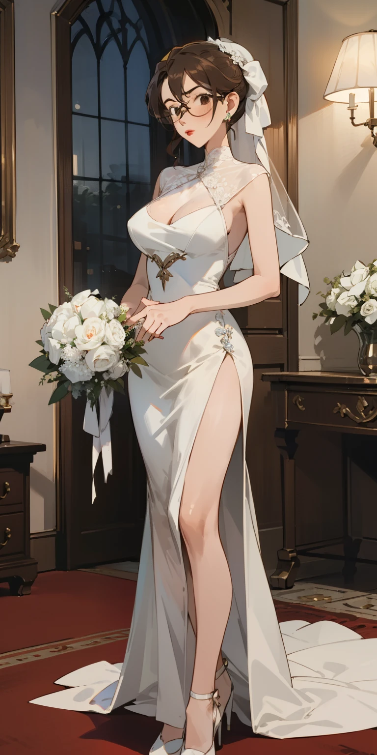 Night time,(Masterpiece), Best Quality, ultra-detailed, 1girl (eri,  Slender and sexy body, big and pretty breasts, brown hair, chignon, brown  eyes, empty eye, spectacles), blank 
face ,parted lips, mascara, full makeup, red lipstick,  facing viewer, looking at viewer, solo, white wedding dress,  see-through dress, long dress, white veil,bouquet grab  , bows, in the  livingroom, standing,  , Front view , Full-body 