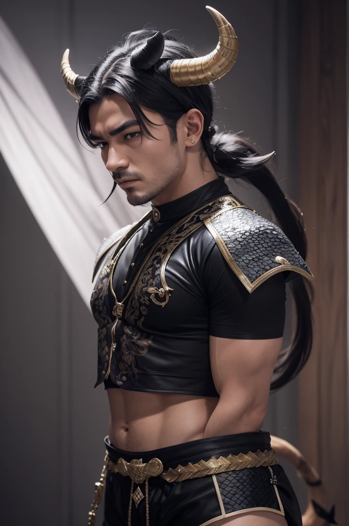 a man, with a tail with scales, with two bull horns on his head, wearing black shorts
