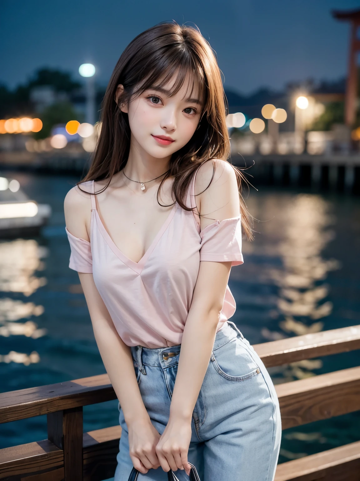 Product quality, One girl per photo, Upper Body Shot, Front view, Young and cute girl in Japan, Brown long hair、bangs, at night, She is wearing a pink blouse with short sleeves and a collar., Wearing light brown pants, Standing on a crowded pier with a big smile on her face, While admiring the night view of the sea, Shoulder bag, Super cute face, Glossy Lips, Double eyelids on both eyes, Natural Makeup, shiny smooth light brown hair of long bob hair, 非対称のbangs, Sunburned skin, Center image, 8K resolution, High detail, Detailed hairstyle, Detailed face, Cinema Lighting, Octane Rendering, Ultra-realistic, Perfect limbs, Perfect Anatomy