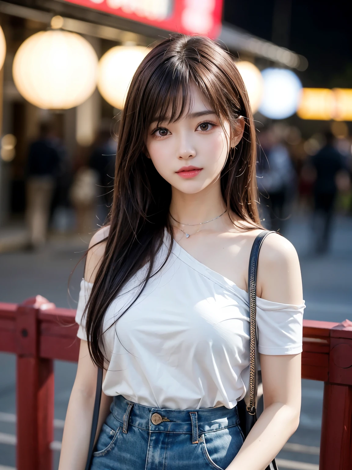 Product quality, One girl per photo, Upper Body Shot, Front view, Young and cute girl in Japan, Brown long hair、bangs, at night, She is wearing a pink blouse with short sleeves and a collar., Wearing light brown pants, Standing on a crowded pier with a big smile on her face, While admiring the night view of the sea, Shoulder bag, Super cute face, Glossy Lips, Double eyelids on both eyes, Natural Makeup, shiny smooth light brown hair of long bob hair, 非対称のbangs, Sunburned skin, Center image, 8K resolution, High detail, Detailed hairstyle, Detailed face, Cinema Lighting, Octane Rendering, Ultra-realistic, Perfect limbs, Perfect Anatomy