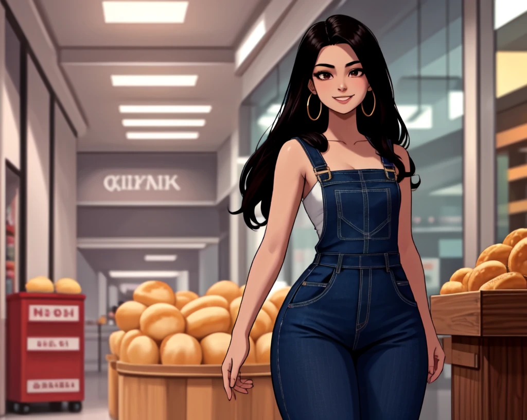 masterpiece, best quality,1girl,young girl,brown eyes, drill hair, evil smile, shiny skin, thin waist, mall, (((long hair))), (curvy), ((wide hips)), ((hoop earrings)), small breads, sexy overalls