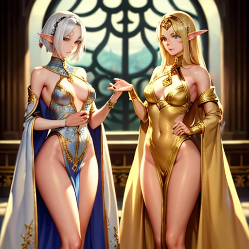 The elf is very beautiful, her body is slim and toned, His skin and hair are white with gold tones., His eyes are golden with a beautiful shine., his countenance is very attractive, her hair short but well combed, Her legs are slim and toned and her hands look very delicate both physically and mentally..