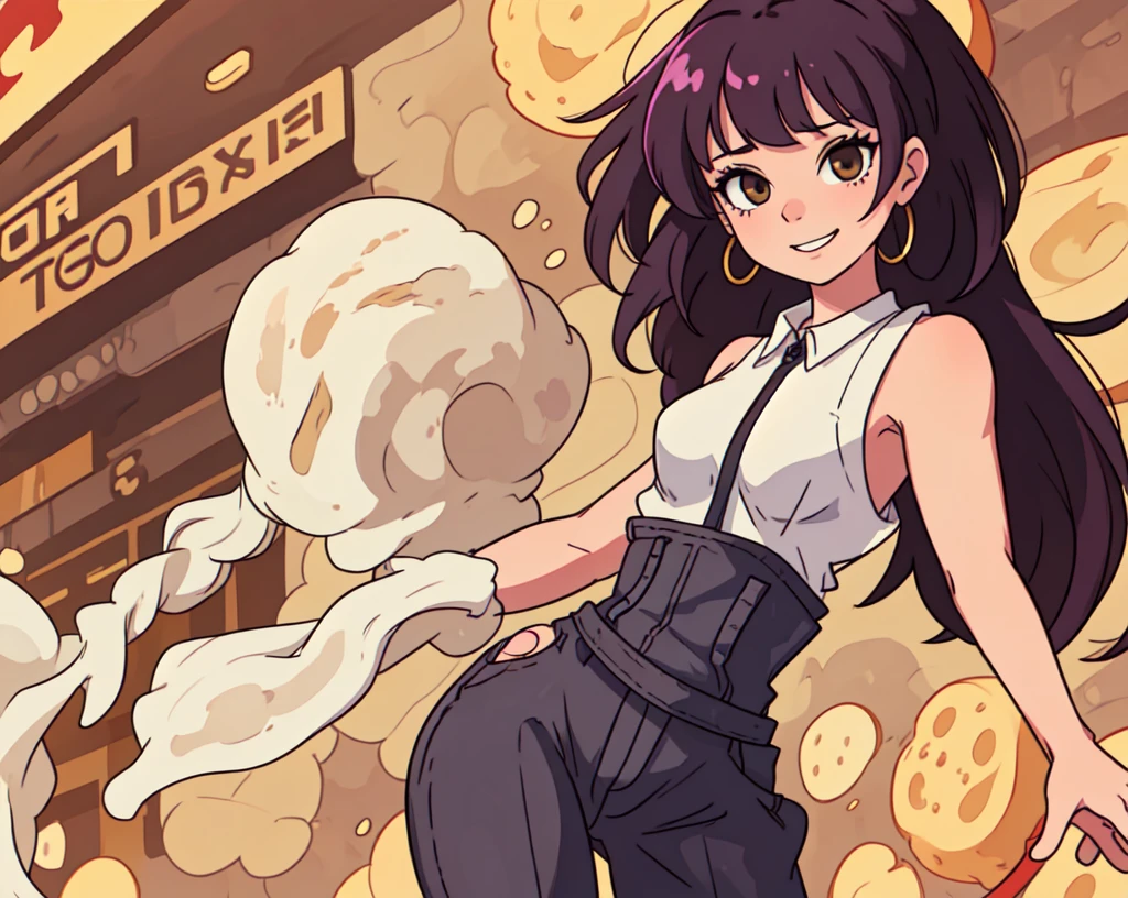 masterpiece, best quality,1girl,young girl,brown eyes, drill hair, evil smile, shiny skin, thin waist, mall, (((long hair))), (curvy), ((wide hips)), ((hoop earrings)), small breads, sexy overalls
