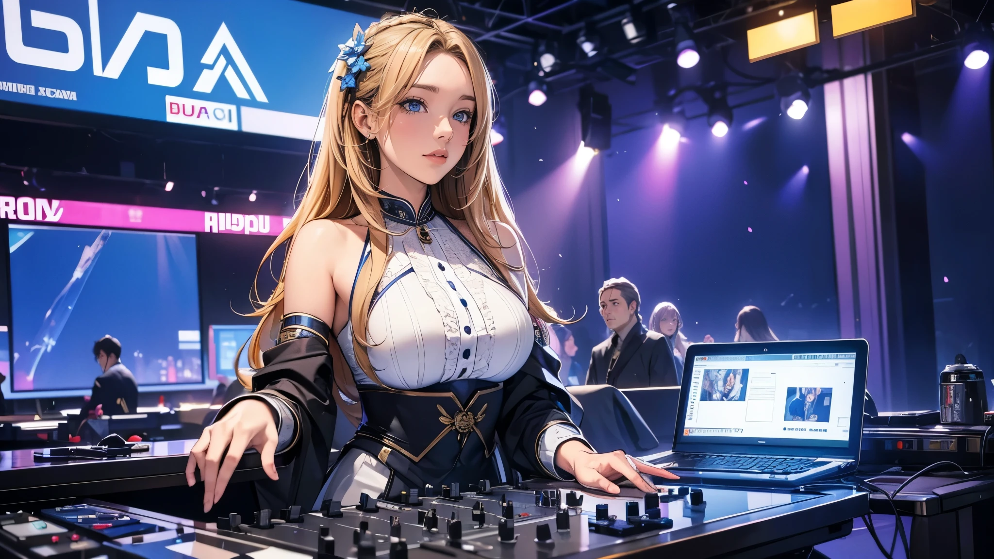 Ultra HD、super high quality、masterpiece、detailed、8K、Location: DJ booth、There is a lot of equipment lined up and it is being operated by a 15-year-old high school girl.、The high school girl is Russian and has long blonde hair.、Has blue eyes、She has a flower tattoo and a glamorous figure.、The clothes she's wearing are tube tops.、Miniskirt、Pretty sexy