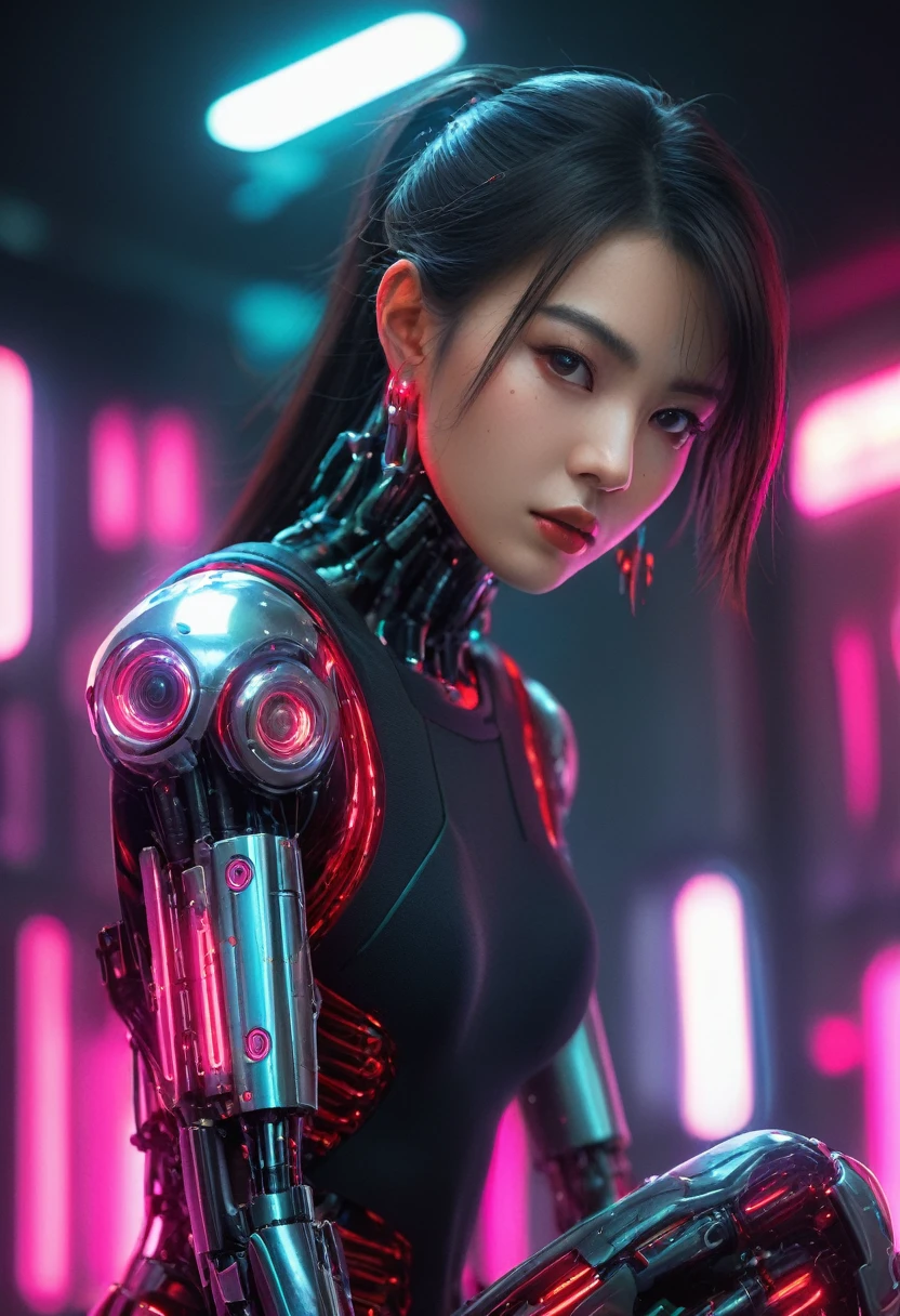 xxmixgirl. Highly detailed professional 35mm film, bokeh, face in sharp focus. A robotic female, Miku, with ((metal skin)), ((perfect Asian eyes)) with magenta irises and ((black pupils)), beautiful serious (detailed face), 18 year old ((photorealistic face)), very long magenta twin tails of magenta hair, twin black hair ties with a single red stripe. She may have a black audio headpiece. We can see her ((full body)) down to her boot soles. Her outfit is a sleeveless collared light grey shirt, outlined in red around the frilled collar and hems. Shiny reflective ((metallic breast cups, dimpleless)), invisible nipples. She wears black sleeves with red hems that start around her upper arm and bellow out as the sleeves open and extend to her wrists, with wide trumpet red rimmed cuffs. She has perfect robotic (detailed hands). She wears a red colored tie with two horizontal solid parallel black lines halfway across. She wears a fabric black skirt with a horizontal red hem at the bottom all the way around; her (((black skirt wraps around her))) and ((her skirt completely covers)) her robotic waist and thighs. Tall black boots with red bottom soles, a red rim around the top at her thighs. Her mechanical shoulder joints are visible. We can see her robotic legs and robotic neck. Half of her is covered with shiny polished machinery. The background is a distant dark neon futuristic Japanese city, gold, cyan, violet neon, near harbor or mountains.