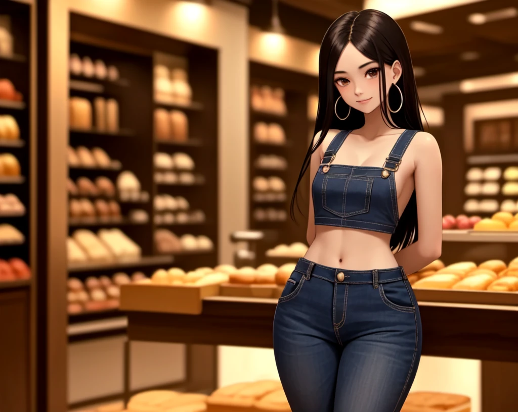 masterpiece, best quality,1girl,young girl,brown eyes, drill hair, evil smile, shiny skin, thin waist, mall, (((long hair))), (curvy), ((wide hips)), ((hoop earrings)), small breads, sexy overalls