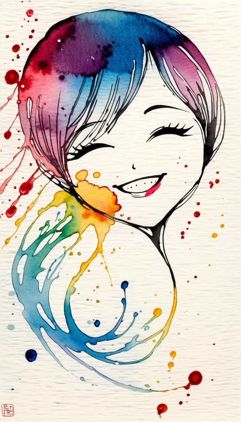 Cute Smile.(Ink drawing on Japanese paper, Bleeding easily)(Contemporary art like a picture book) (Transparent watercolor) (Light itself is expressed as reality) (Soft layer, Rich colors) (Water-diluted paint colors) (deep, Delicate colors)