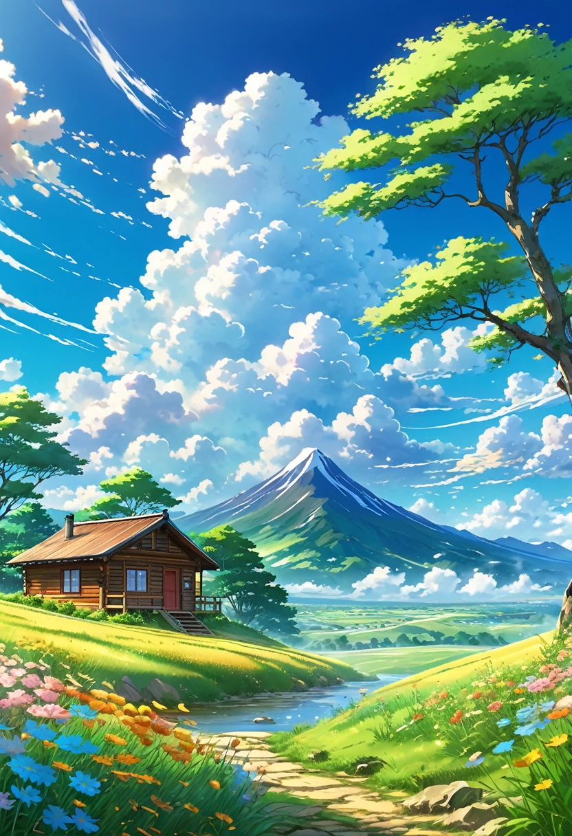 Beautiful cheered up landscape with sky and clouds. A cabin next to a tree., field with herbs, a stream, blue sky, heights, cheered up, healthy, perfect. In the background, a valley. "A captivating moment, Rolling clouds that evoke a sense of wonder and vibrant colors.. Masterpiece." Paisaje cheered up, anime countryside landscape, anime landscape wallpapers, beautiful anime peace scene, hermoso paisaje cheered up, cielo cheered up, Cosmos Sky. by Makoto Shinkai, Rhads y Lois Van Baarle, makoto shinkai cyril rolando, cheered up background art, cheered up cloud, beautiful puffy clouds.