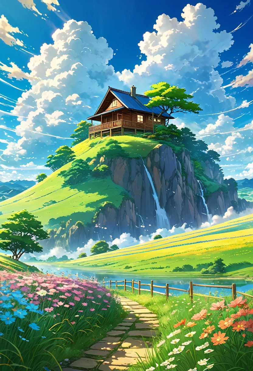 Beautiful cheered up landscape with sky and clouds. A cabin next to a tree., field with herbs, a stream, blue sky, heights, cheered up, healthy, perfect. In the background, a valley. "A captivating moment, Rolling clouds that evoke a sense of wonder and vibrant colors.. Masterpiece." Paisaje cheered up, anime countryside landscape, anime landscape wallpapers, beautiful anime peace scene, hermoso paisaje cheered up, cielo cheered up, Cosmos Sky. by Makoto Shinkai, Rhads y Lois Van Baarle, makoto shinkai cyril rolando, cheered up background art, cheered up cloud, beautiful puffy clouds.