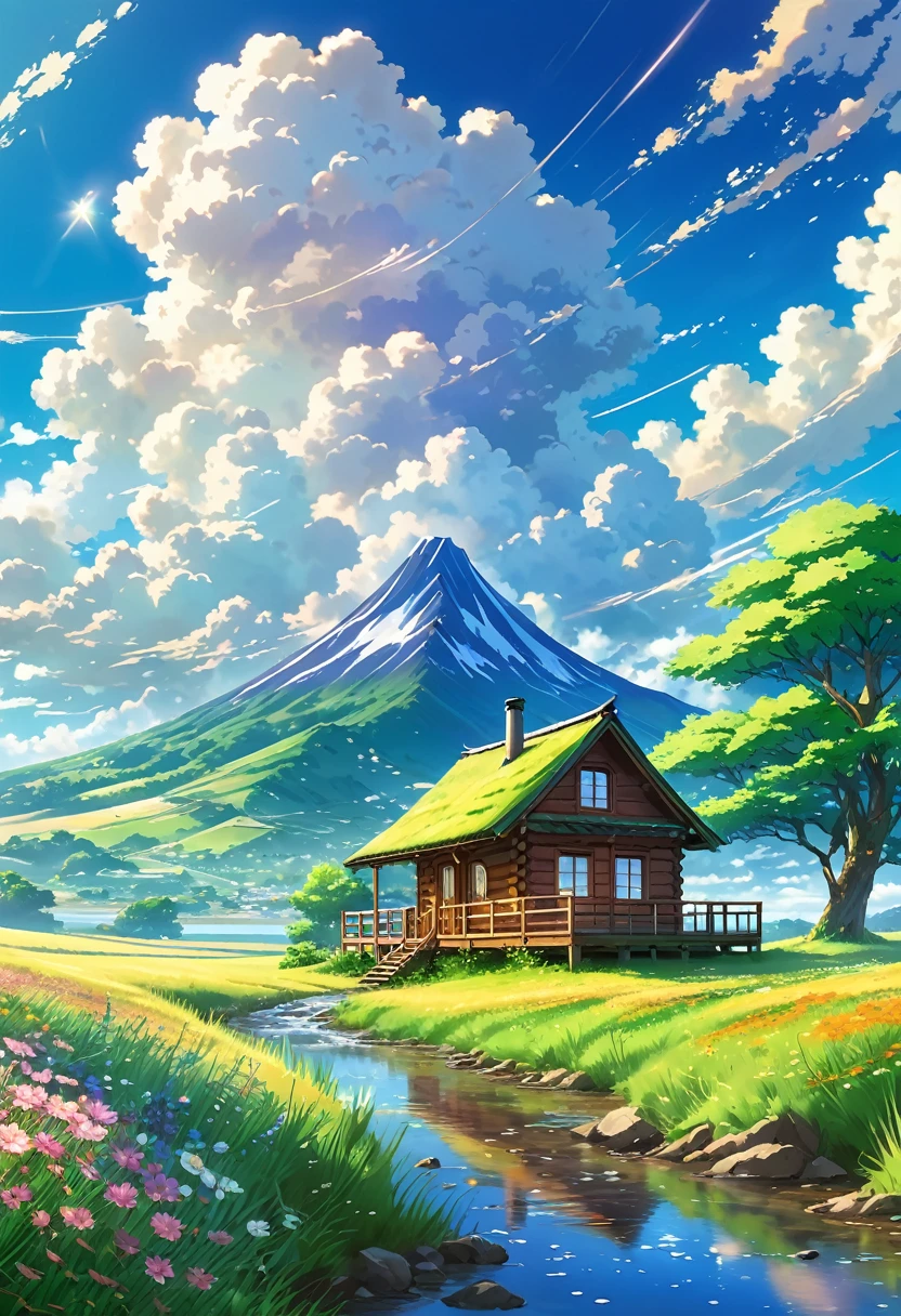 Beautiful cheered up landscape with sky and clouds. A cabin next to a tree., field with herbs, a stream, blue sky, heights, cheered up, healthy, perfect. In the background, a valley. "A captivating moment, Rolling clouds that evoke a sense of wonder and vibrant colors.. Masterpiece." Paisaje cheered up, anime countryside landscape, anime landscape wallpapers, beautiful anime peace scene, hermoso paisaje cheered up, cielo cheered up, Cosmos Sky. by Makoto Shinkai, Rhads y Lois Van Baarle, makoto shinkai cyril rolando, cheered up background art, cheered up cloud, beautiful puffy clouds.