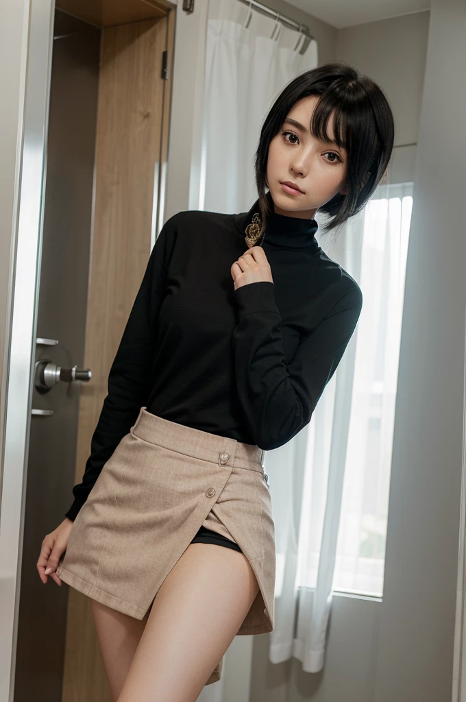 ((best quality)), (detailed), (anime bishoujo) 160cm girl, short smooth black hair, short skirt, long sleeve, feminine, , slim