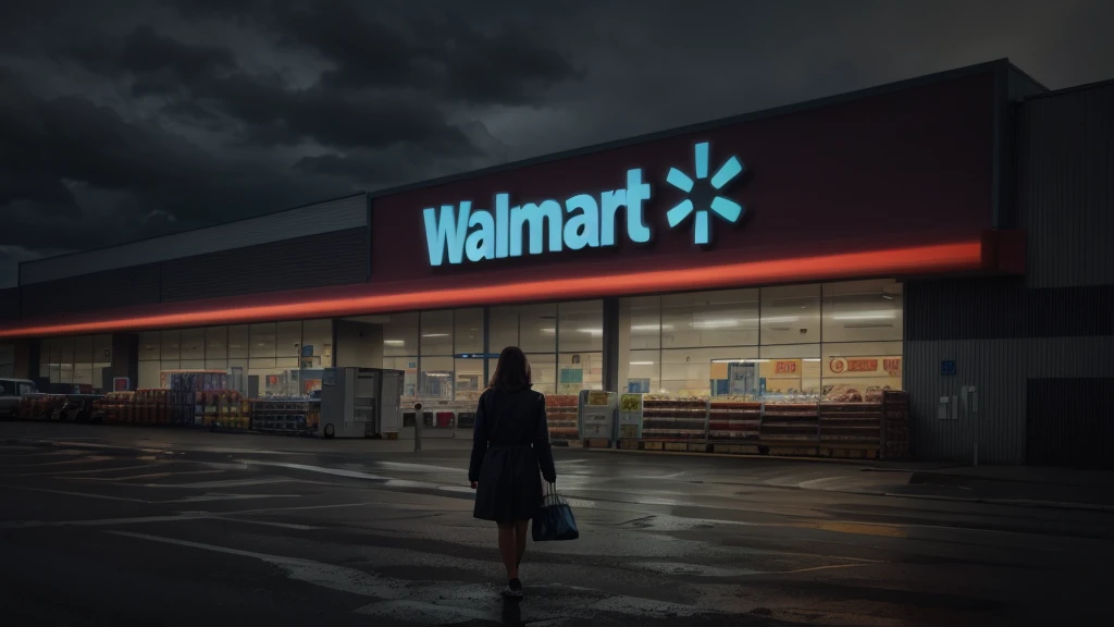 a woman going to the Walmart supermarket, realistic colors, ominous atmosphere