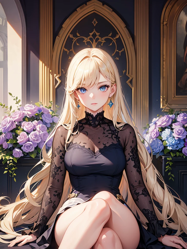 Phase One, ISO 100, lighting , sharpen , lightroom, fine art photography, highly detailed, 8 k, sharp details on face, photography, woman, looking at viewer, jewerly and hair on hair blonde, earrings, flowers, beauty, blue eyes. Full body. Dress. Sensual
