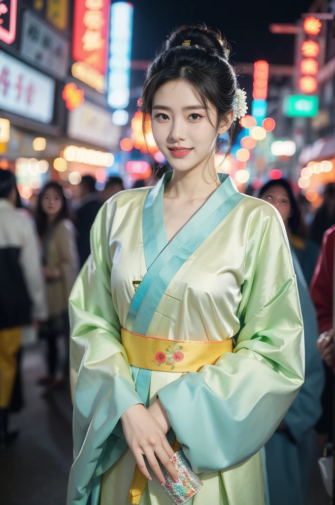 (((best quality))),(((ultra detailed))),(((masterpiece))),illustration,1girl,bun hair, gauze hanbok,collar,slim,flat chest,laughing, summer night,Korean city scape, street, neon signs, beautiful, vibrant, detailed  features,medium hair, elegance, cultural atmosphere, bustling city, colorful advertisements, reflections, lively atmosphere, street food aroma