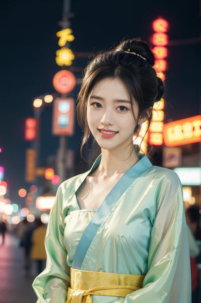 (((best quality))),(((ultra detailed))),(((masterpiece))),illustration,1girl,bun hair,see through gauze hanbok,collar,slim,flat chest,laughing, summer night,Korean city scape, street, neon signs, beautiful, vibrant, detailed facial features,medium hair, elegance, cultural atmosphere, bustling city, colorful advertisements, reflections, lively atmosphere, street food aroma