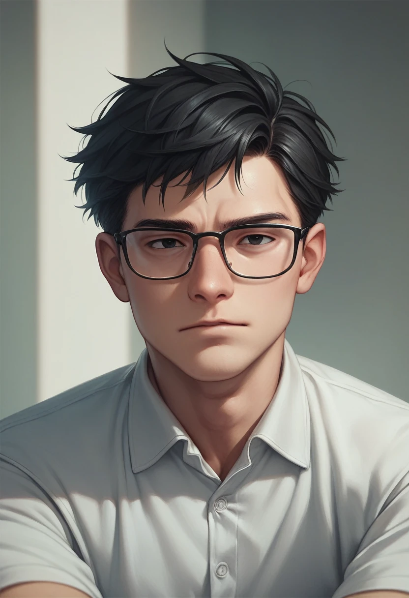 masterpiece，best quality，Extremely detailed，1 boy wearing glasses，personal，Black Hair，modern furniture，Set，black eyes，Handsome，Delicate face，sit，