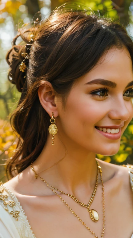 a goddess, necklaces, earings, autumn, real skin texture, detailed detail, soft light, smile, bright, medium long photoshoot, 16K high res,