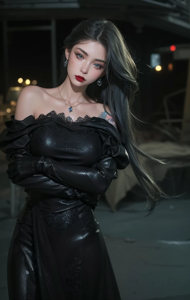 Royal princess,Super detailed, Delicate face, Stock Photography , Portrait 400, F1 Camera Lens.6, Colorful, Surrealism, Realistic textures, Dramatic Lighting, Thin Film Distiller 800 (8K, original photo, Better quality, masterpiece: 1.2), Super detailed, (Extremely delicate skin: 1.2), 8K 超高清, SLR camera, Soft Light, high quality.Fire Queen,Blue pupils,Apply red lipstick,Have a tattoo,The tattoo is very three-dimensional,Gorgeous and intricate tattoo designs,8K Mugshot,Large Breasts,Dark eyeshadow,Sexy thick lips(Red lipstick),Ice Princess,The facial features are very three-dimensional,Hold your arms