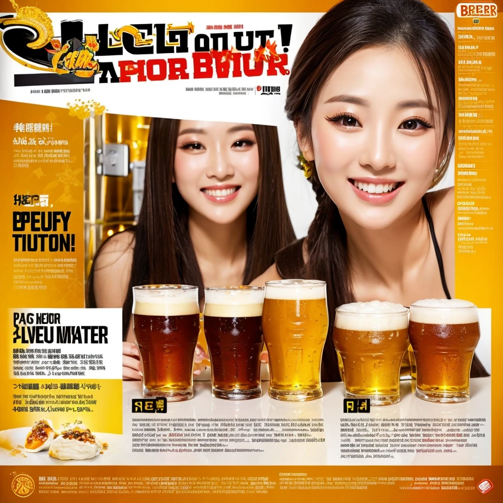 Beer promotion flyer, beauty asian, holding 2 glasses of beer