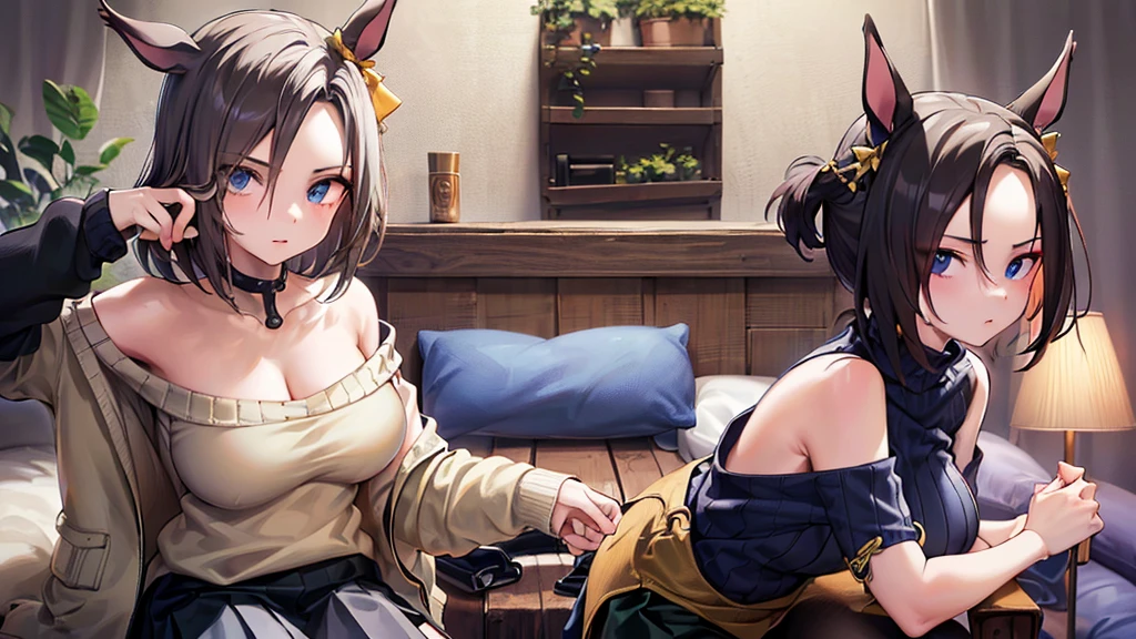 (((masterpiece))),(((High resolution)))、(((perfect face)))、(((Air Groove)))、, (((off shoulder tight sweater, mini black skirt))), Plump, top quality eyes, detailed texture, look at the camera, big tits, ((high resolution face))
