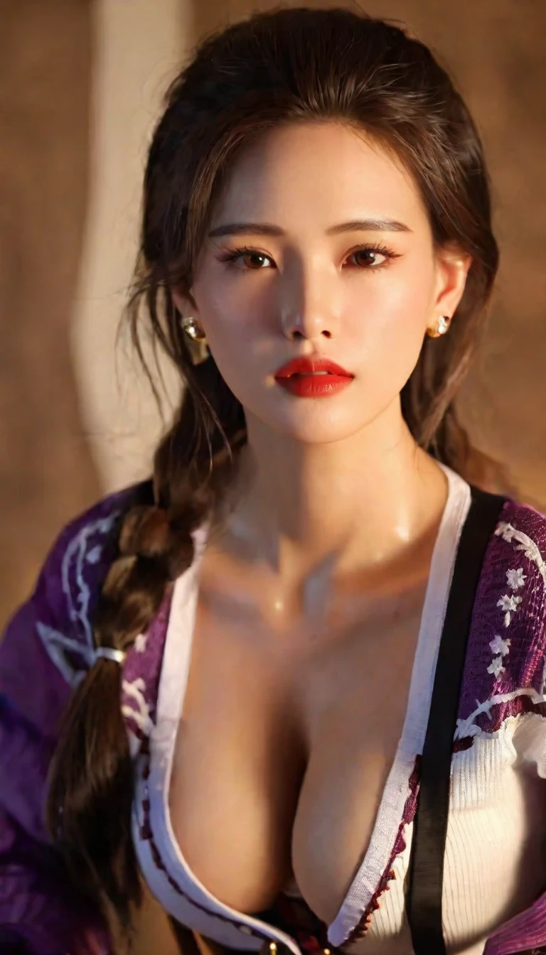 masterpiece, Highest quality, 8K, Official Art, Cinematic Light, Ultra-high resolution, Cowboy Shot、 Tie your hair back tightly、One Mature Woman, 45 Talent、Beautiful Face、Sexy mother, Earrings, View your audience, hoop Earrings, Brown Hair, Brown eyes, Brown background BREAK Purple underwear、, Red lips、Detailed face、Fine grain、Detailed gaze、