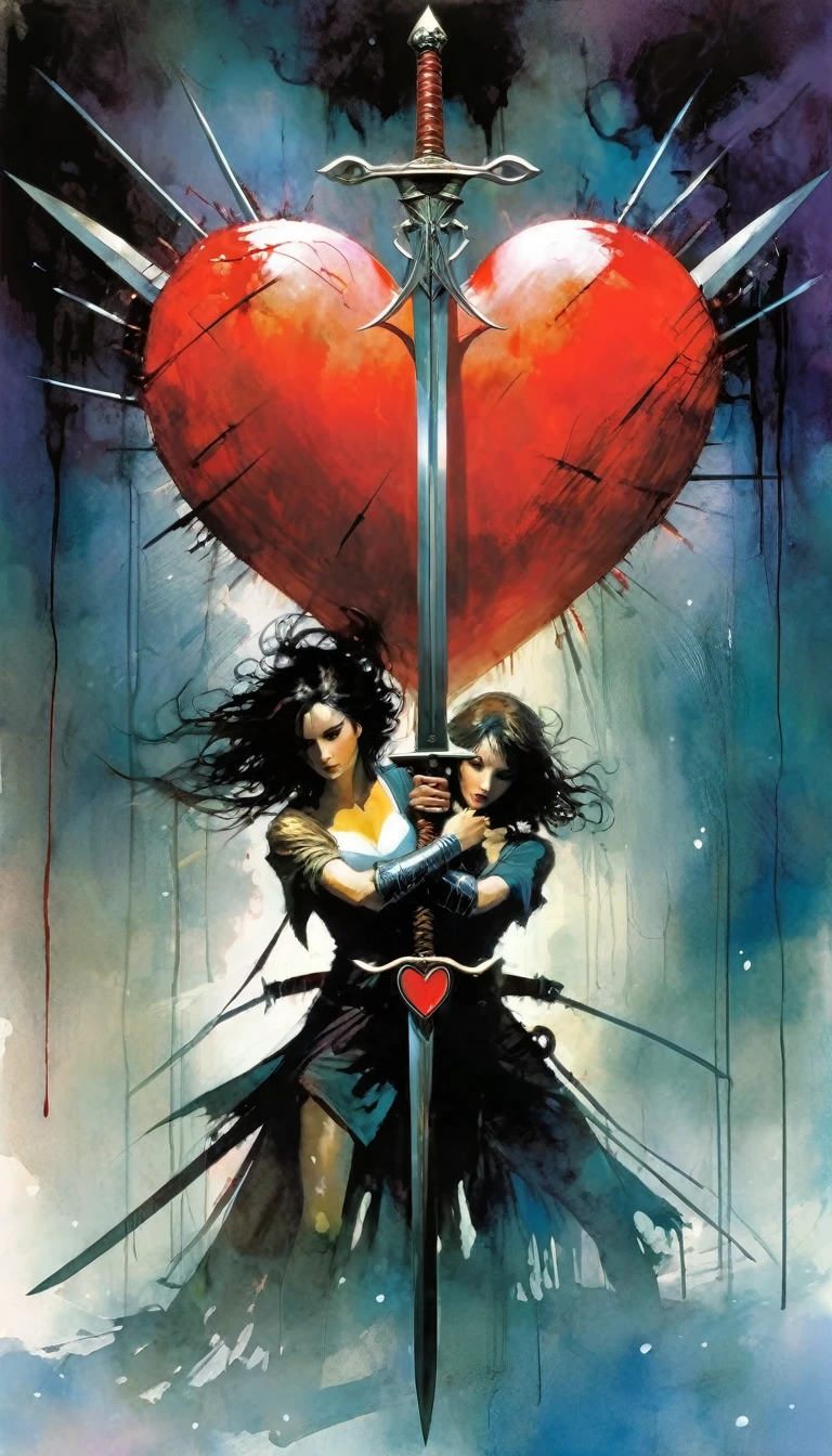 Under a great storm three swords stuck through a heart (art inspired by Bill Sienkiewicz)
