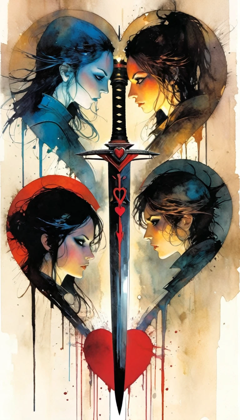 Under a great storm three swords stuck through a heart (art inspired by Bill Sienkiewicz)
